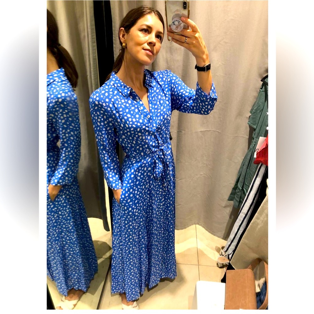 Zara Marilyn Polka Dot Belted Midi/Maxi Shirt Dress Large